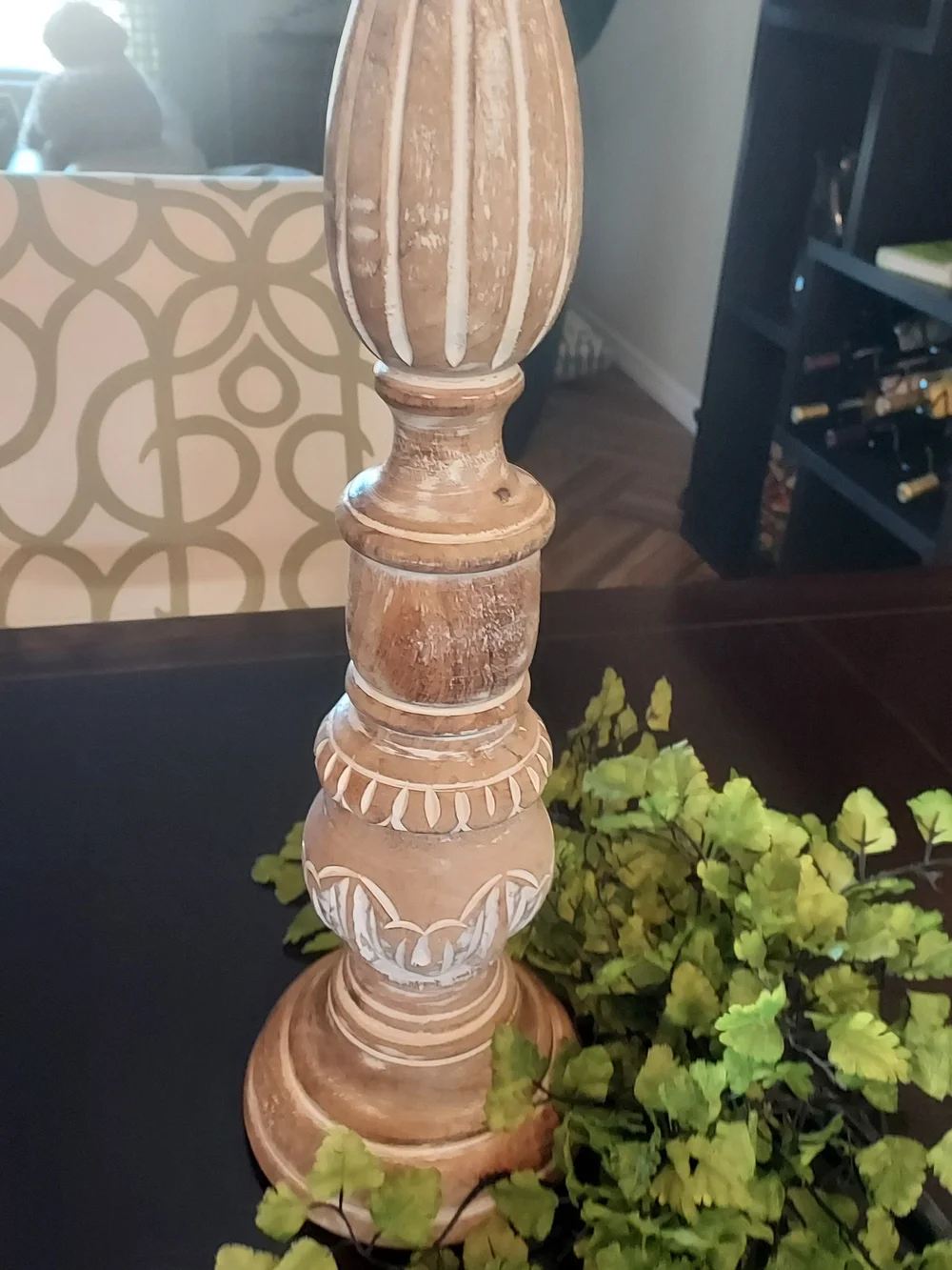 Pier 1 Whitewashed Mango Wood Candlestick: Hand Carved. 21.5